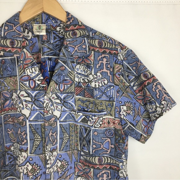 Vintage 90s Men’s Hawaiian Tribal Button Down Shirt Royal Creations Hawaii Blue - Picture 4 of 11